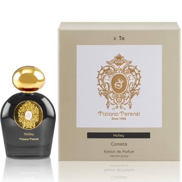 Extrait de Parfum bottle with gold cap and ornate label.