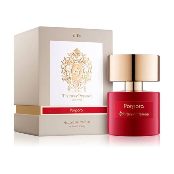 Extrait de Parfum by Tiziana Terenzi in a red bottle with gold cap.