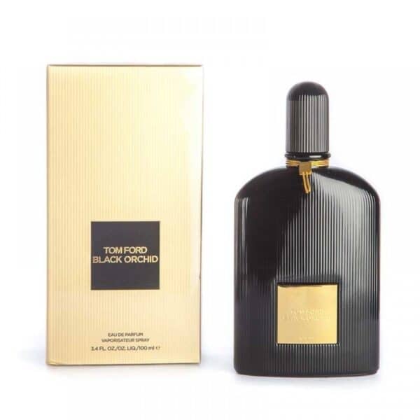 Black Orchid perfume bottle with gold accents and textured black design.