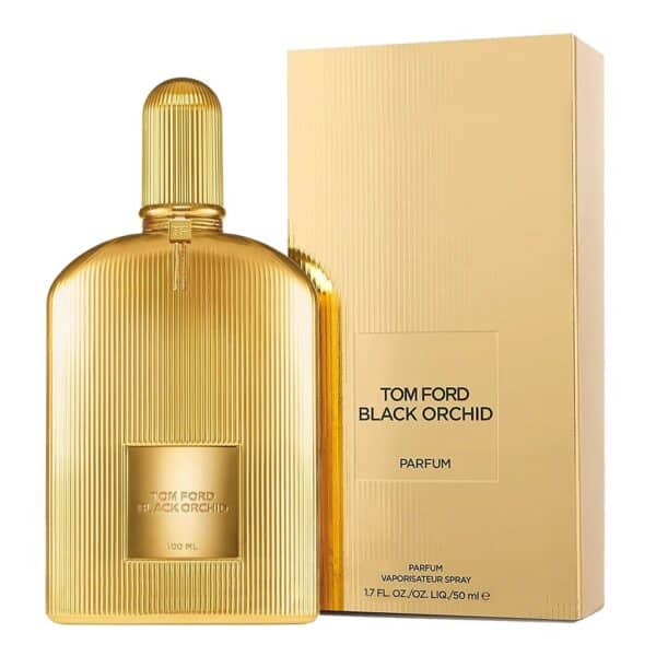 Tom Ford Black Orchid perfume bottle with gold finish and textured design.