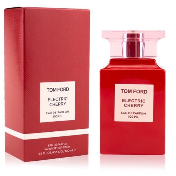 Electric Cherry perfume bottle with red packaging and pink cap.