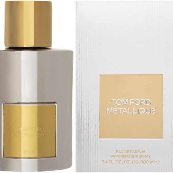 Tom Ford Metallique EDP perfume bottle with gold cap and sleek design.