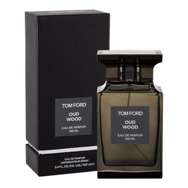 Oud Wood by Tom Ford perfume bottle with packaging, luxurious fragrance for men and women.