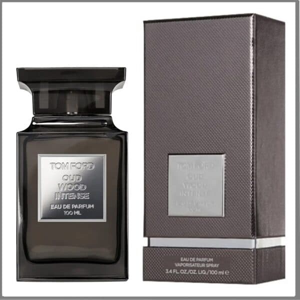 Elegant Tom Ford Oud Wood Intense fragrance bottle with sleek black design.
