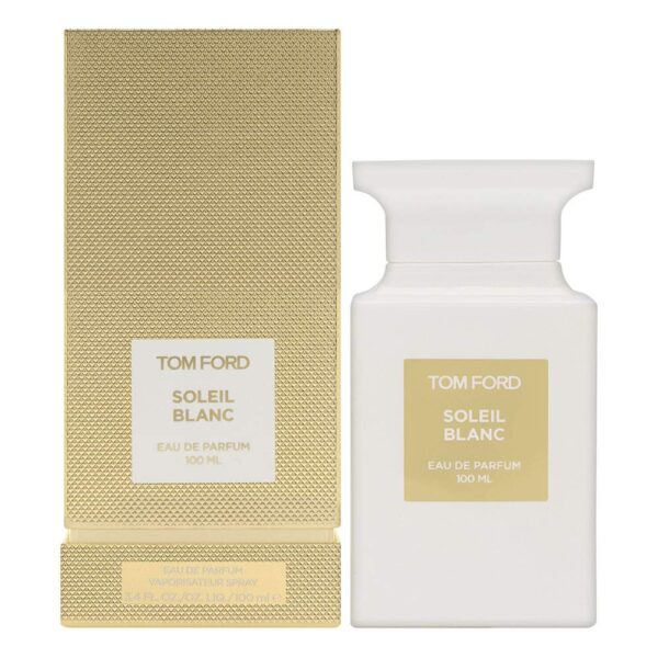 Tom Ford Soleil Blanc perfume bottle with gold packaging.