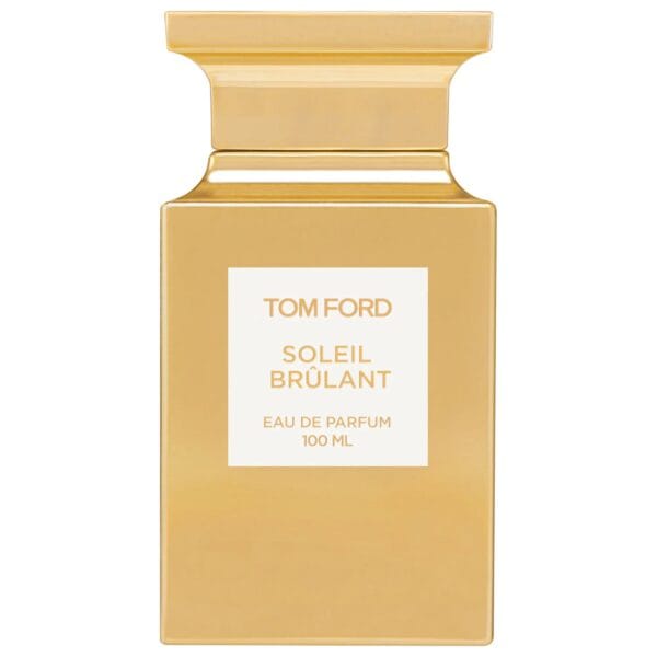 Luxury gold perfume bottle for Tom Ford Soleil Brulant EDP 100ml. Elegant design, perfect for summer.