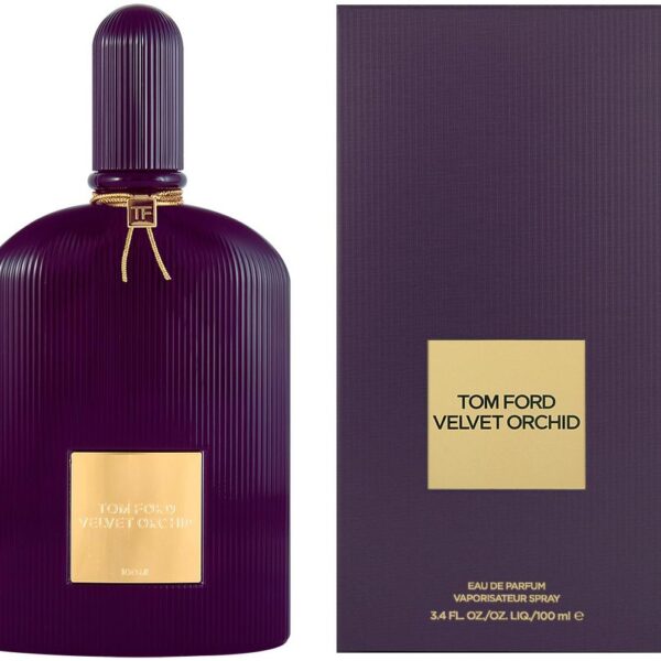 Elegant purple Tom Ford Velvet Orchid perfume bottle with gold accents.