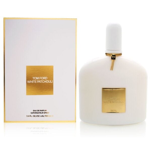 Elegant Tom Ford White Patchouli perfume bottle with gold accents, 100ml size.