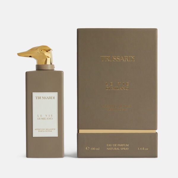 Trussardi Le Vie di Milano perfume bottle with gold dog head cap.