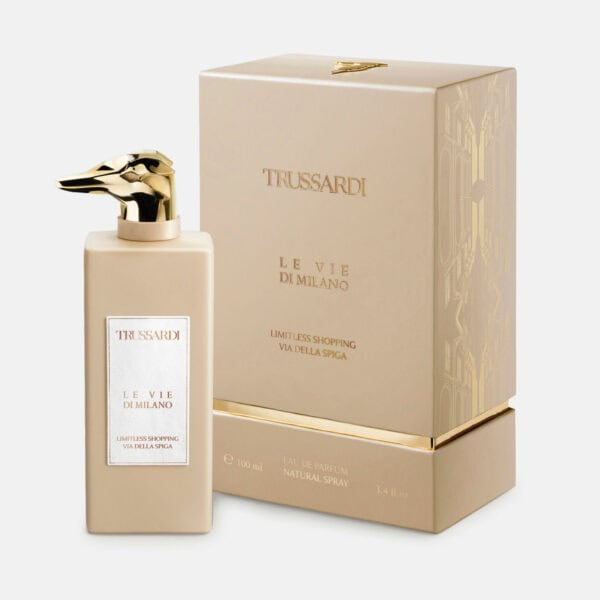 Elegant Trussardi Le Vie di Milano perfume bottle with gold dog head cap.