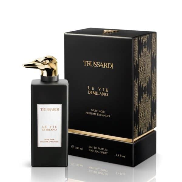 Elegant Musc Noir perfume bottle with gold dog head cap, black box.