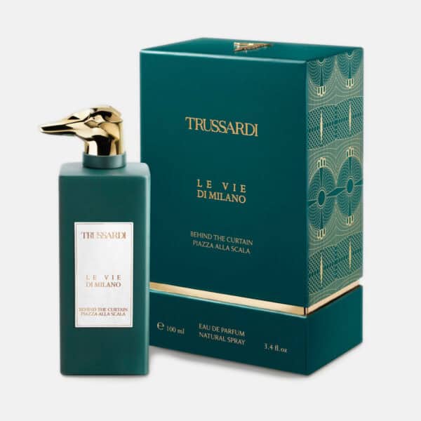 Elegant Trussardi Le Vie di Milano perfume bottle with gold dog head cap.