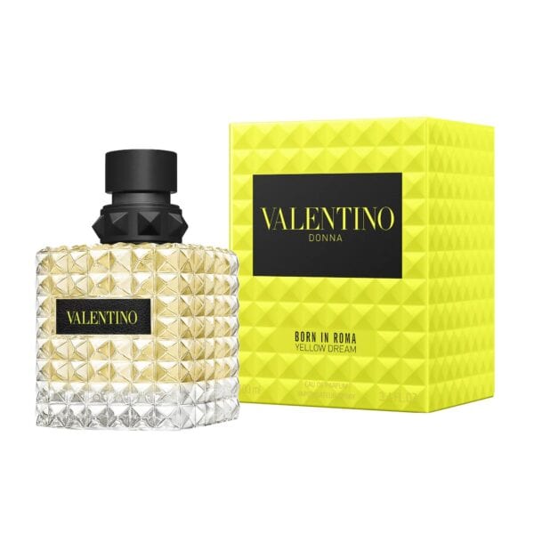 Valentino Donna Born In Roma Yellow Dream perfume bottle with textured design and yellow box.