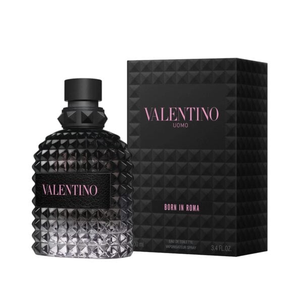 Valentino Uomo Born In Roma perfume bottle with packaging, luxury men's fragrance.