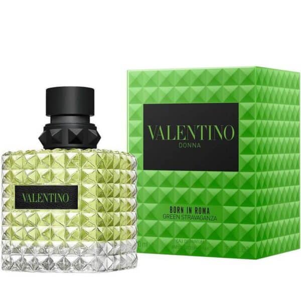 Valentino Donna Born In Roma Green Stravaganza EDP 100ml perfume bottle with green and silver design.