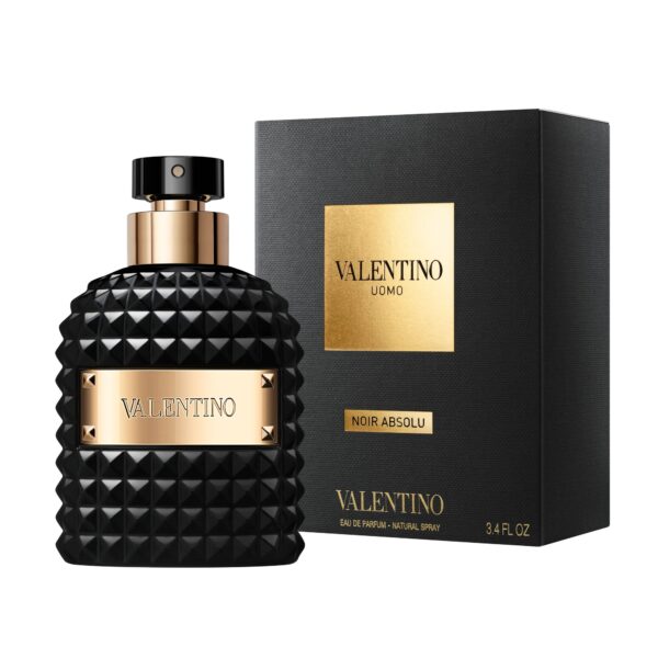 Valentino Uomo Noir Absolu perfume bottle with black textured design and gold accents.