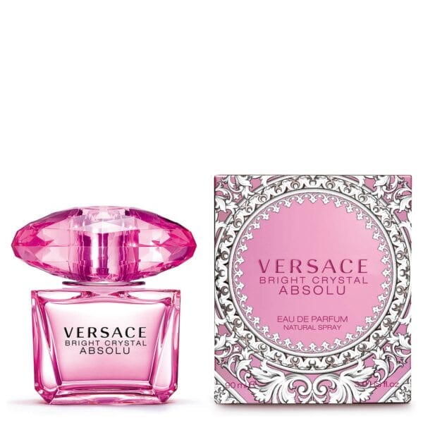 Versace Bright Crystal Absolu perfume bottle and box, floral pink design.