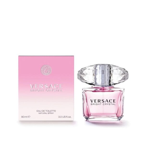 Versace Bright Crystal perfume bottle with pink liquid and elegant cap.