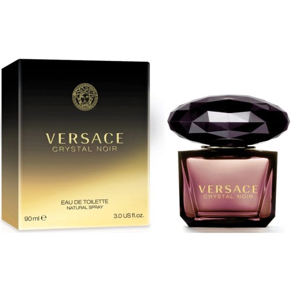 Versace Crystal Noir perfume bottle with black cap and pinkish hue.