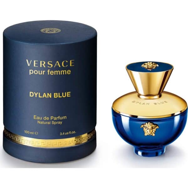 Versace Dylan Blue Women EDP perfume bottle with gold and blue design.
