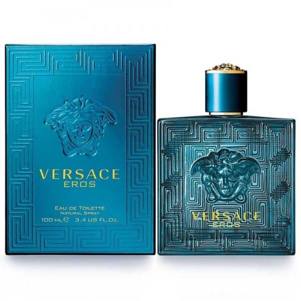 Versace Eros perfume bottle with blue packaging and gold accents.
