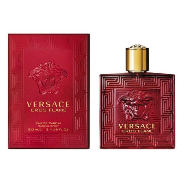 Versace Eros Flame perfume bottle with red packaging and gold cap.
