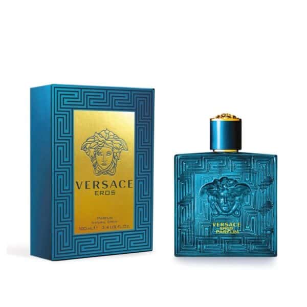 Versace Eros Parfum 100ml bottle with iconic Medusa logo and vibrant blue packaging.