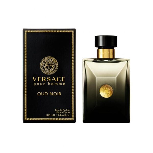 Luxurious Versace Oud Noir perfume for men with elegant black and gold packaging.