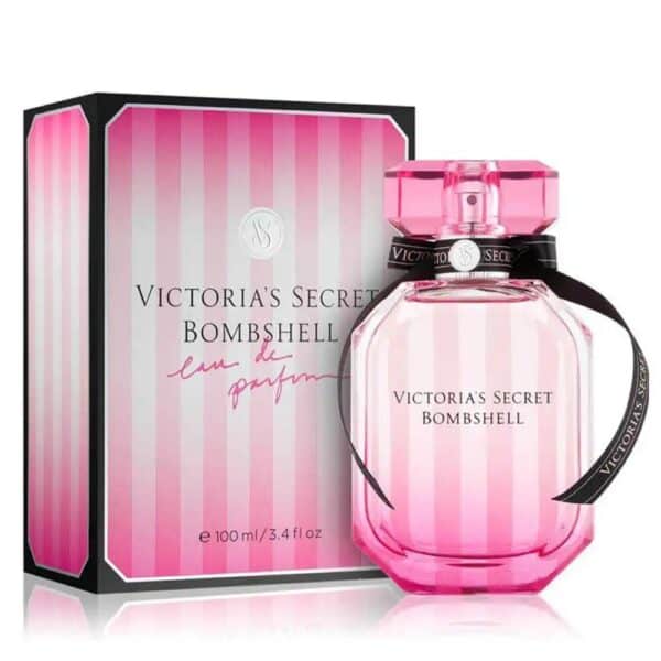 Victoria's Secret Bombshell EDP perfume bottle with pink gradient design and black ribbon.