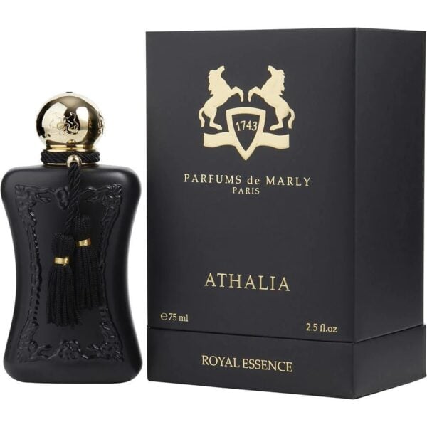 Luxury Athalia perfume bottle with ornate black design and gold accents.