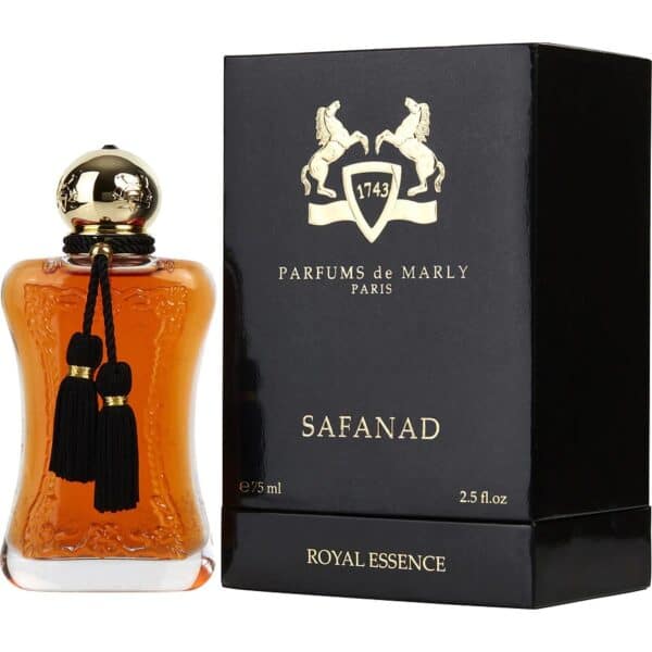 Elegant Safanad perfume bottle with black tassel and gold cap, showcasing luxury fragrance.