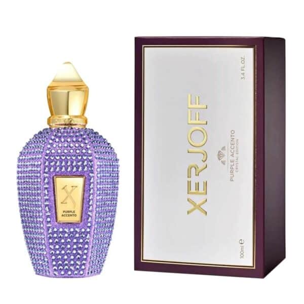 Luxurious Xerjoff Purple Accento Crystal Edition perfume bottle with purple crystals.