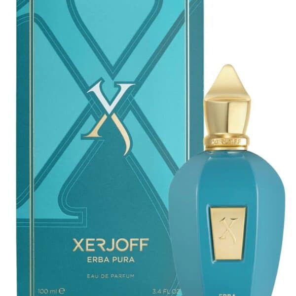 Luxurious Xerjoff Erba Pura perfume bottle with elegant blue and gold design.