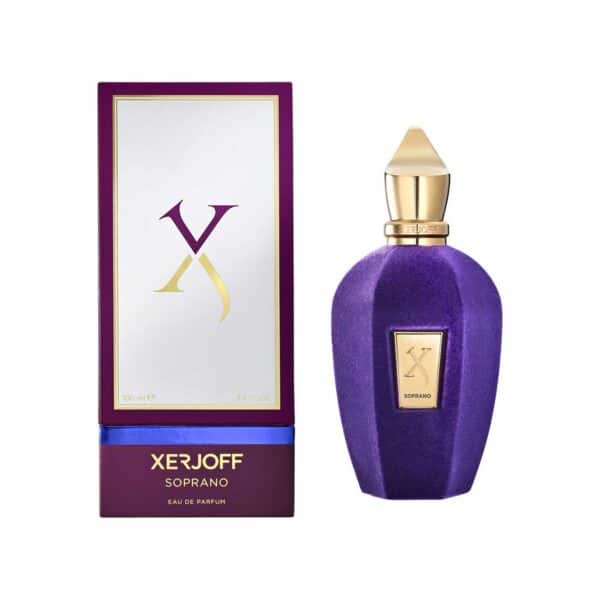 Elegant Xerjoff Soprano perfume bottle with purple and gold accents.