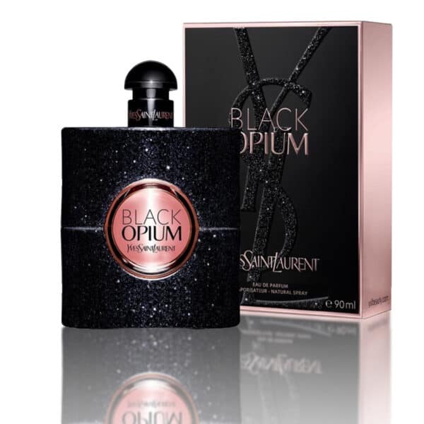 Yves Saint Laurent Black Opium EDP 100 ml bottle with black glitter design and pink accents.