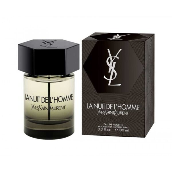 Yves Saint Laurent La Nuit De L'Homme fragrance bottle and box, men's perfume, 100ml, elegant design.