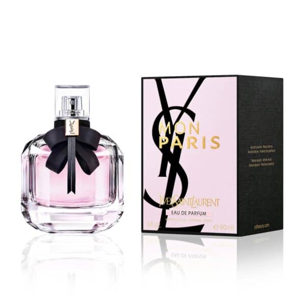 Yves Saint Laurent Mon Paris EDP 90ml perfume bottle with black ribbon, elegant packaging, ideal for.