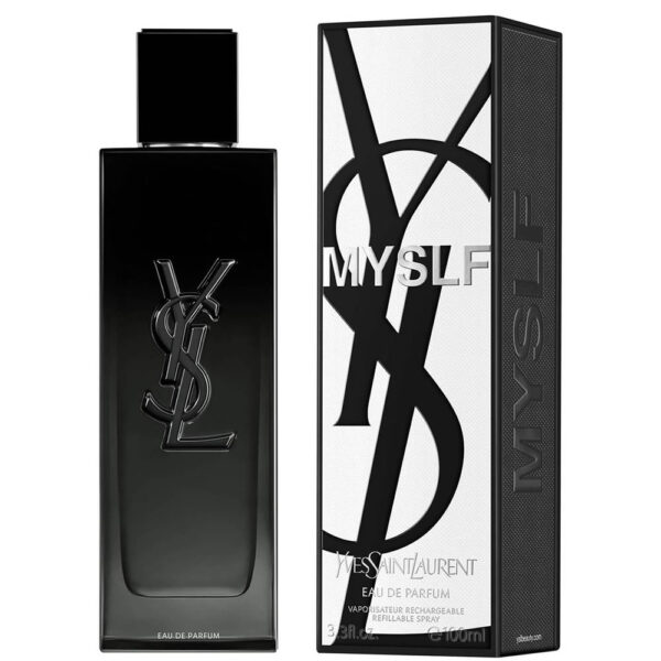 Yves Saint Laurent MYSLF EDP 100ml perfume bottle with sleek black design.