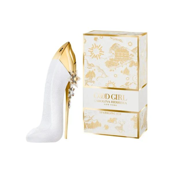 Elegant Carolina Herrera Good Girl Sparkling Ice perfume bottle with gold accents.