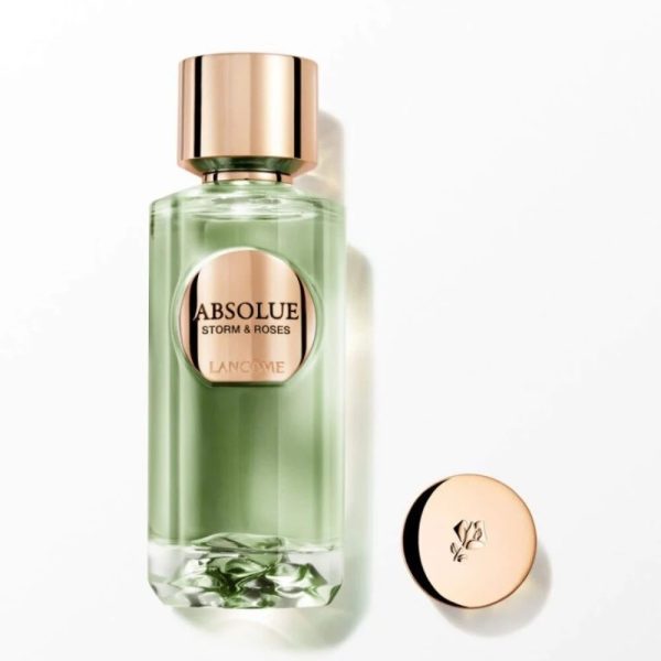 Lancôme Absolue Storm & Roses perfume bottle with cap, elegant design.