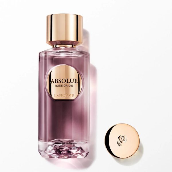 Elegant Lancome Absolue Rose Or Die EDP perfume bottle with rose gold accents.