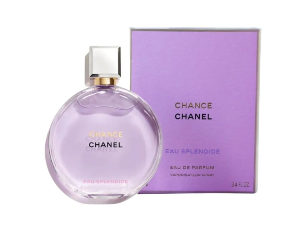 Chanel Chance Eau Splendide perfume bottle and box, elegant lavender color, luxurious fragrance.