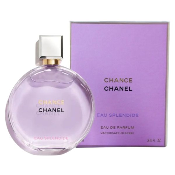Chanel Chance Eau Splendide perfume bottle and box, elegant lavender color, luxurious fragrance.