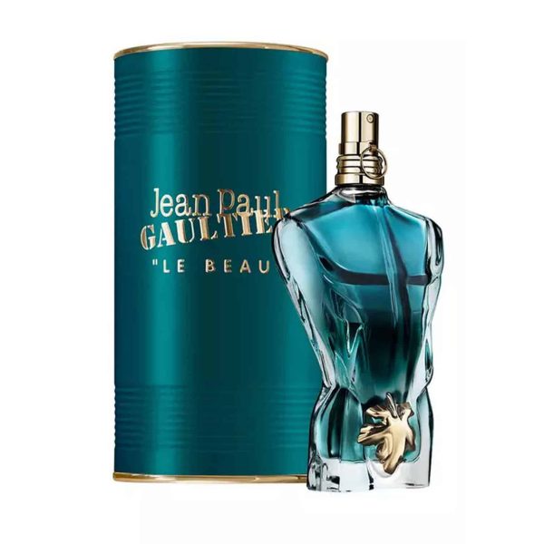Elegant Jean Paul Gaultier Le Beau EDP perfume bottle with matching packaging.