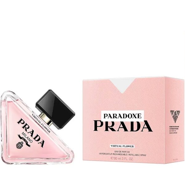 Prada Paradoxe Virtual Flower perfume bottle and box, luxury fragrance, floral scent, 90ml, Prada Pa.