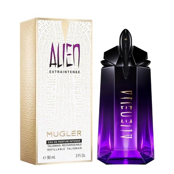 Elegant Alien Extraintense Mugler perfume bottle with purple gradient design.