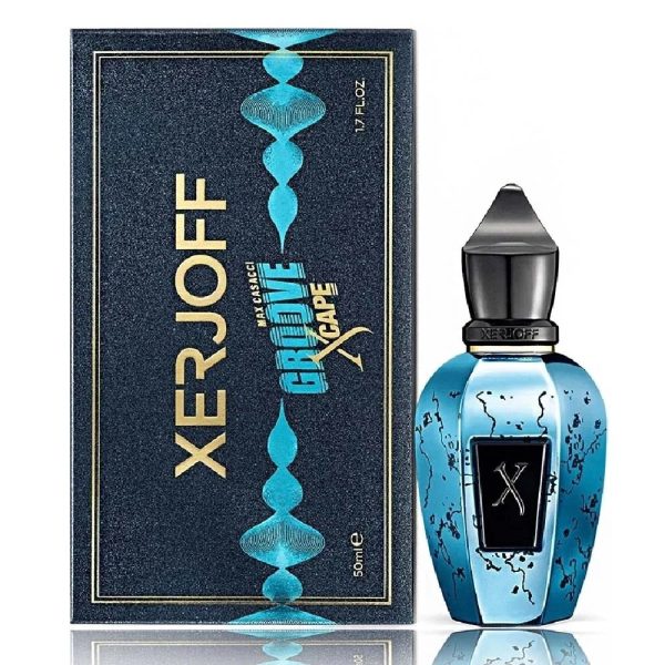 Xerjoff Groove XCape 100ml parfum bottle with blue design and black cap.